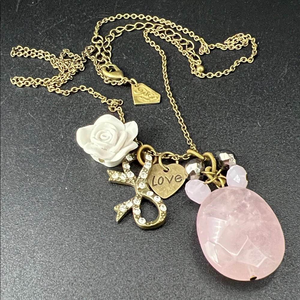 Gold and Pink Quartz Love Charms Pendant Necklace
